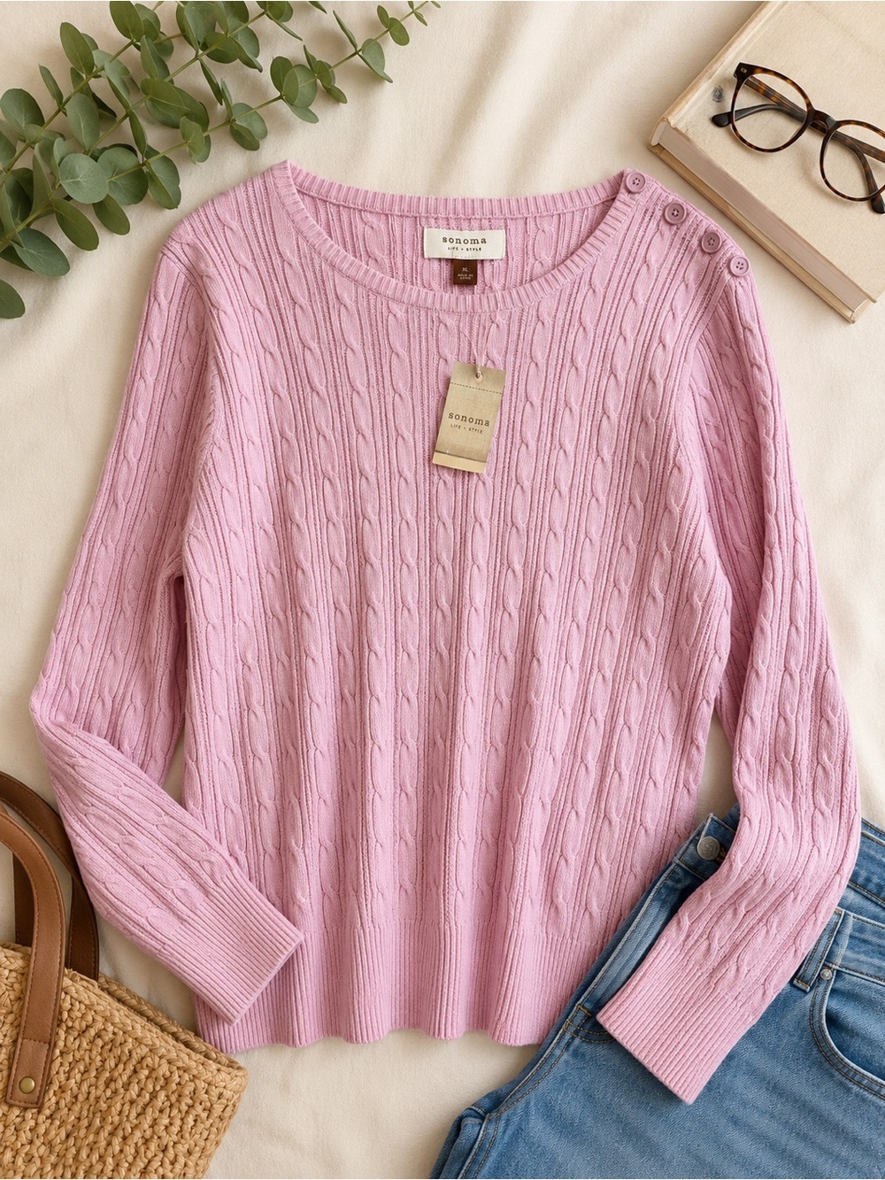 Sonoma Cable Knit Sweater XL Pink Coastal Grandmacore Cottagecore Cotton NWT H40